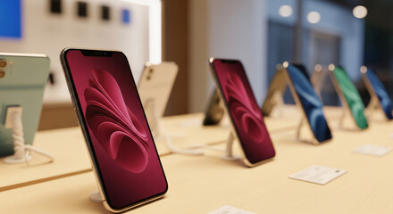 Multiple smartphones with abstract screens displayed on stands in a store showcase, representing modern technology and product presentation