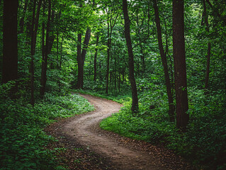 Obraz premium Winding Path Through Lush Green Forest with Dense Trees and Foliage