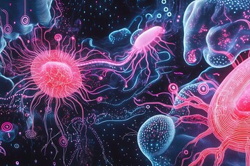 Microscopic World of Cells and Viruses with Glowing Neon Colors. Scientific Research Imagery