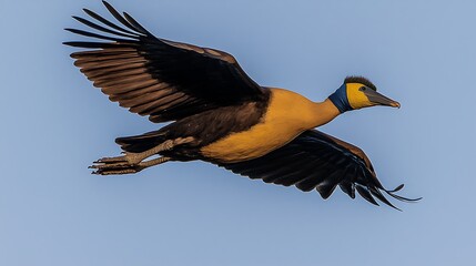 Obraz premium Bird in flight crossing clear pale blue sky, telephoto lens capture with strong diagonal wing composition and expansive empty background highlighting solitude