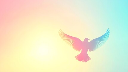 Obraz premium Lone bird silhouette framed by soft color gradient sky, mirrorless camera capture focusing on graceful flight during warm sunset light and clean background