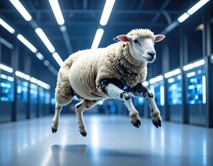 A sheep with robotic limbs in a futuristic space