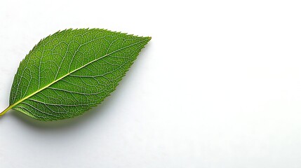 Isolated green leaf on clean white wall background, mirrorless camera photo with natural window illumination creating gentle contrast and soft shadow effect