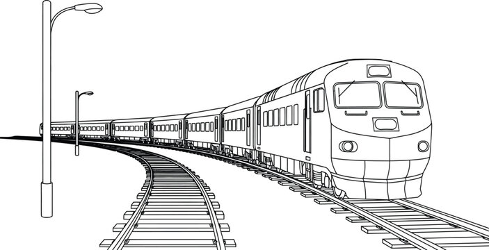 Line drawing featuring a train on a curved track, complete with overhead lighting, perfect for coloring books or design elements.