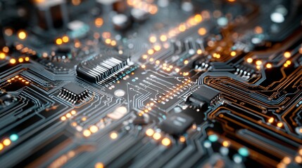 Obraz premium Futuristic printed circuit board close-up highlighting AI and IoT technology