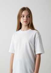 Fototapeta premium Studio portrait of a beautiful teenager in a blank white t-shirt on white background. Mockup with copy space. Empty design space. Model looking at camera