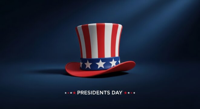 A patriotic top hat with red and white stripes and blue band on a dark blue background for presidents day