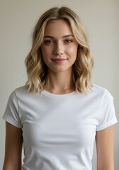 Fototapeta premium Studio portrait of a beautiful young blond woman in a blank white t-shirt on white background. Mockup with copy space. Empty design space. Model looking at camera