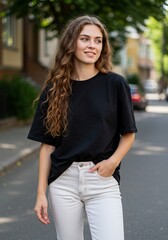 Fototapeta premium Portrait of beautiful woman in black t-shirt on sunny city street. Polo mockup with copy space for logo, branding, custom design, promoting product, eco-friendly lifestyle choices