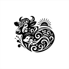 A decorative black and white cow illustration isolated on white background