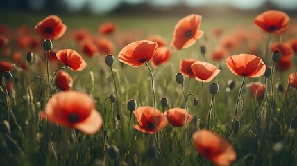 Obraz premium Poppy field with red flowers scattered across green grass, soft focus bokeh effect, romantic spring meadow perfect for lifestyle brands