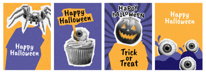 happy halloween halftone collage poster set. spooky modern cut out elements. ripped paper style, dotted illustration. trendy holiday flyers with spider, cupcake, eye, pumpkin