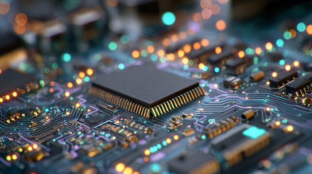High detail macro of circuit board with microprocessor for technology concept