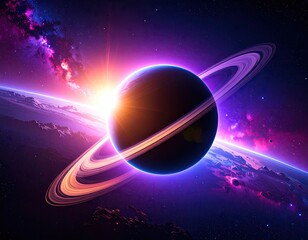 A vibrant cosmic scene of a ringed planet rising over a nebula