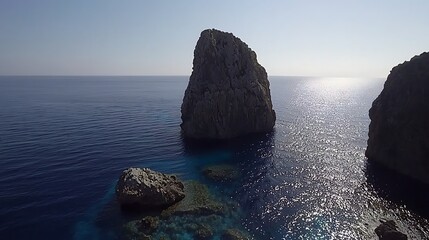 Fototapeta premium Aerial drone image showing solitary rock amidst calm blue sea, midday sunlight illuminating rock face, water reflecting clear sky with minimal wave activity
