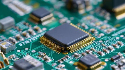 Obraz premium High detail macro of circuit board with microprocessor for technology concept