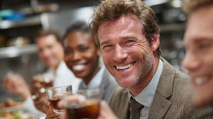 Business colleagues toasting at a celebratory meal