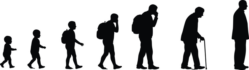 Human life stages, silhouette progression, aging process, generational journey, age evolution, child to elderly, black background, Adobe Stock, vector illustration, digital art