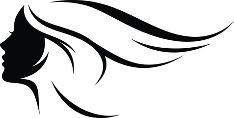 Female silhouette, flowing hair, elegant profile, black background, vector artwork, fashion graphic, beauty icon, stylish woman, side view, Adobe Stock, digital illustration, minimalist design