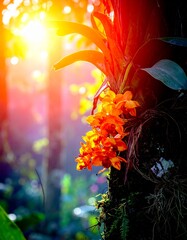 A vibrant orchid blooming delicately while clinging to the bark of a tall forest tree, surrounded by dense green foliage and filtered jungle sunlight.