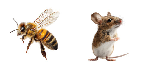 Dynamic Duo: A Honeybee in Flight and Curious Mouse on White Background Capture Attention
