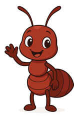 Cute Cartoon Ant Waving Hello with a Friendly Smile, Adorable Insect Character for Kids' Education and Nature-Themed Projects, Cheerful Red Ant Illustration