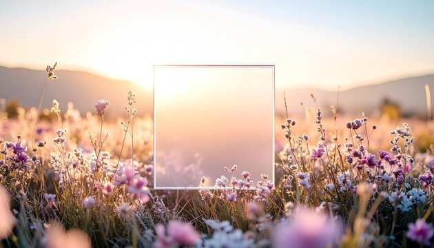 Soft Light Pastel Field With Blooming Flowers And Frosted Glass Square Overlay During Sunset