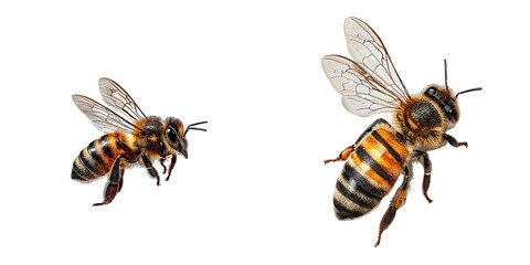 Two European Honey Bees, Apis Mellifera, isolated on white, showcasing detailed anatomy and vibrant colors