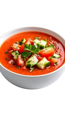 Bowl of vibrant red soup, topped with fresh vegetables