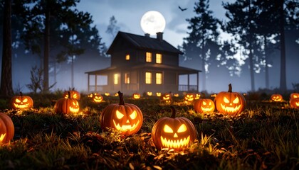 Haunted house at night with jack-o'-lanterns