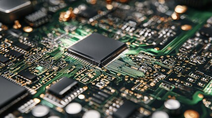 Fototapeta premium Intricate details of a microchip on advanced circuit board for tech industry use