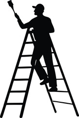 Painter man on ladder with paintbrush silhouette vector illustration for clipart