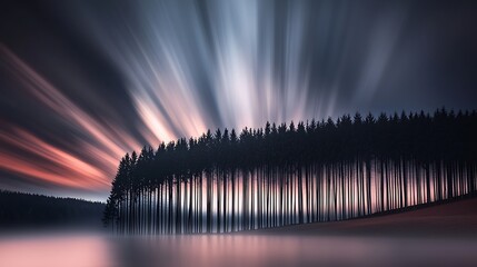 shot with mirrorless camera, 35mm lens, harmonious composition of tall trees and their crisp reflections with centered horizon and calm water