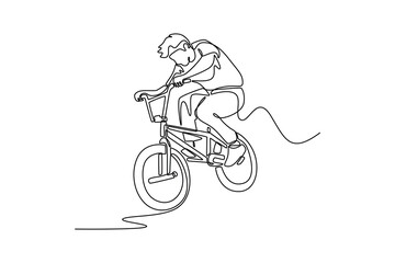 Fototapeta premium Single one line drawing active professional male athlete exercising bmx acrobatic. Skilled BMX freestyler jumping and doing aerial trick. Modern continuous line draw design graphic vector illustration