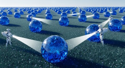 Advanced robots meticulously tend to a vast field of glowing blue data crystals under a clear sky, embodying a futuristic data farm where nature and technology fuse symbiotically.