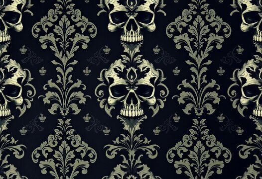 Aged damask pattern with distressed skulls, gothic horror wallpaper,  grunge texture,   creepy