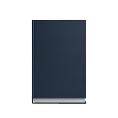 Fototapeta premium A single, closed, dark blue hardcover book stands upright against a white background.