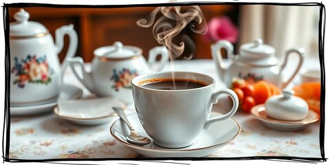 Fototapeta premium A steaming cup of coffee in a tea party setting, framed by a hand-drawn black and white border, Valentine's Day, pastry