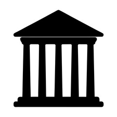 Black and white courthouse building with columns and triangular pediment silhouette