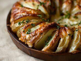 Roasted potato halves,  arranged in a ring, topped with melted cheese and fresh thyme.  Baked to perfection
