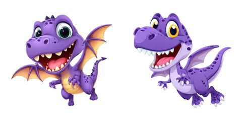 Playful Purple Dragons: Whimsical Cartoon Creatures Ready for Adventure on a Clean White Background