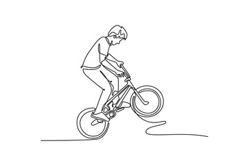 Obraz premium Single one line drawing young cyclist showing off his freestyle riding skills at the extreme sport park. BMX bicycle rider doing stunt wheelie. Continuous line draw design graphic vector illustration