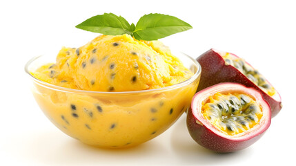 Passion fruit sorbet in glass bowl with fresh passion fruit and basil leaves on white