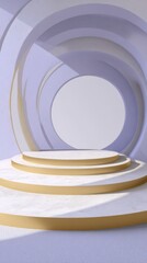 Obraz premium A floating circular stage design in matte pale lavender, crisp white, and light golden tan.