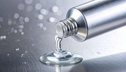 A silver tube dispensing a viscous, clear liquid onto a metallic surface.