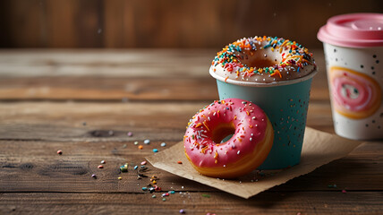 Pink Donut and Sprinkled Coffee on Rustic Wooden Table