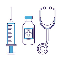Blue and purple medical icons including syringe vial and stethoscope health healthcare