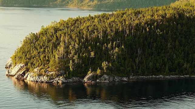 photo from DSLR, 85mm lens, serene forest reflected flawlessly in calm lake waters with warm morning glow and balanced composition