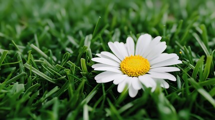 Obraz premium Close framing on daisy flower with dreamy blurred grassy background, macro 100mm lens capture focusing on central flower details and smooth bokeh texture