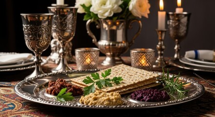 Naklejka premium A passover seder plate with matzah and symbolic foods on a decorated table setting with candles